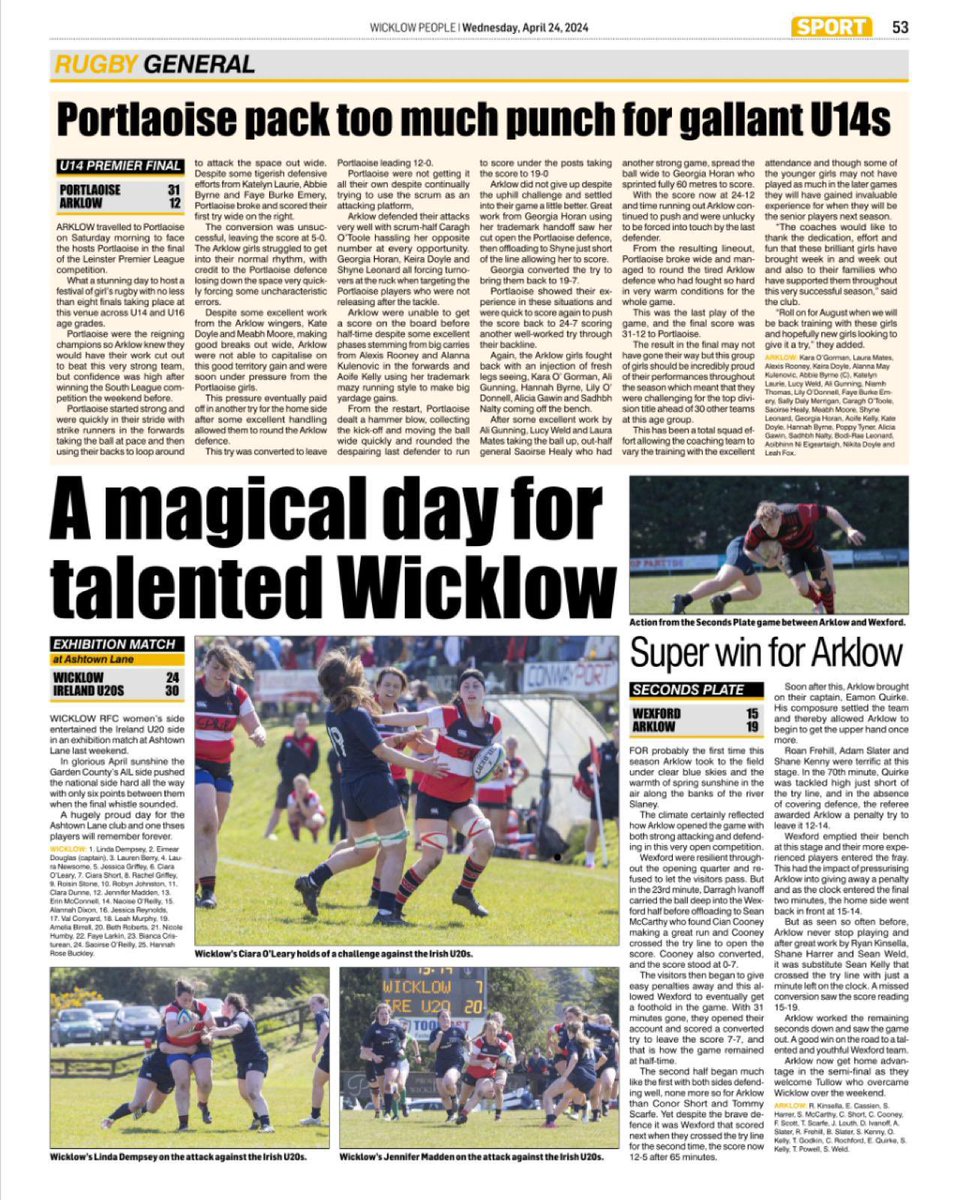 Some nice coverage in this week’s Wicklow People of our u18s winning the Leinster Premier League and the visit of the Irish u20s Women to Ashtown Lane. Don’t forget to pick up your copy today. 🔴⚪️⚫️