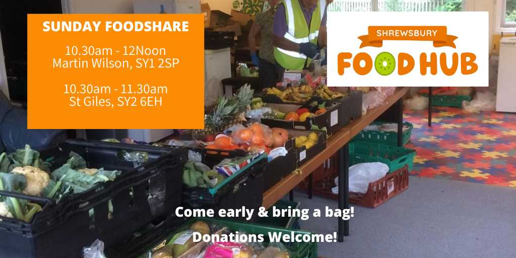 #foodshares Sun 5 May
👉Martin Wilson School, Newpark Rd, Castlefields, SY1 2SP
⏰10:30am - 12noon
👉St Giles Community Hall, 74 Sutton Way, SY2 6EH
⏰10:30 - 11.30a
shrewsburyfoodhub.org.uk/foodshare-time…
#InBelliesNotBins #hublove #climateaction #sustainablefood #reducefoodwaste