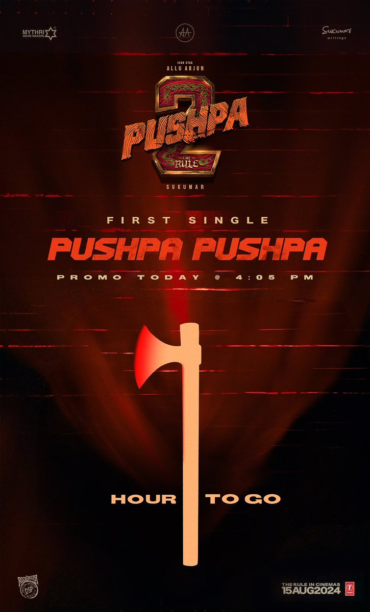 Locked and Loaded 🔥💥

PUSHPA PUSHPA @ThisIsDSP 🔥🔥🔥

#Pushpa2TheRule First single promo in less than 1 hour 😍😍😍 

4:05PM Stay tuned… 🤘🏻🤘🏻🤘🏻