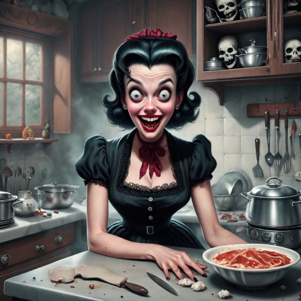 I found this prompt on a random post on a random forum. I don't know how '3D' affects creations. Prompt : 3D 1950's lovely frantic insane housewife with a maniacal grin and wide eyes in a spooky goth kitchen