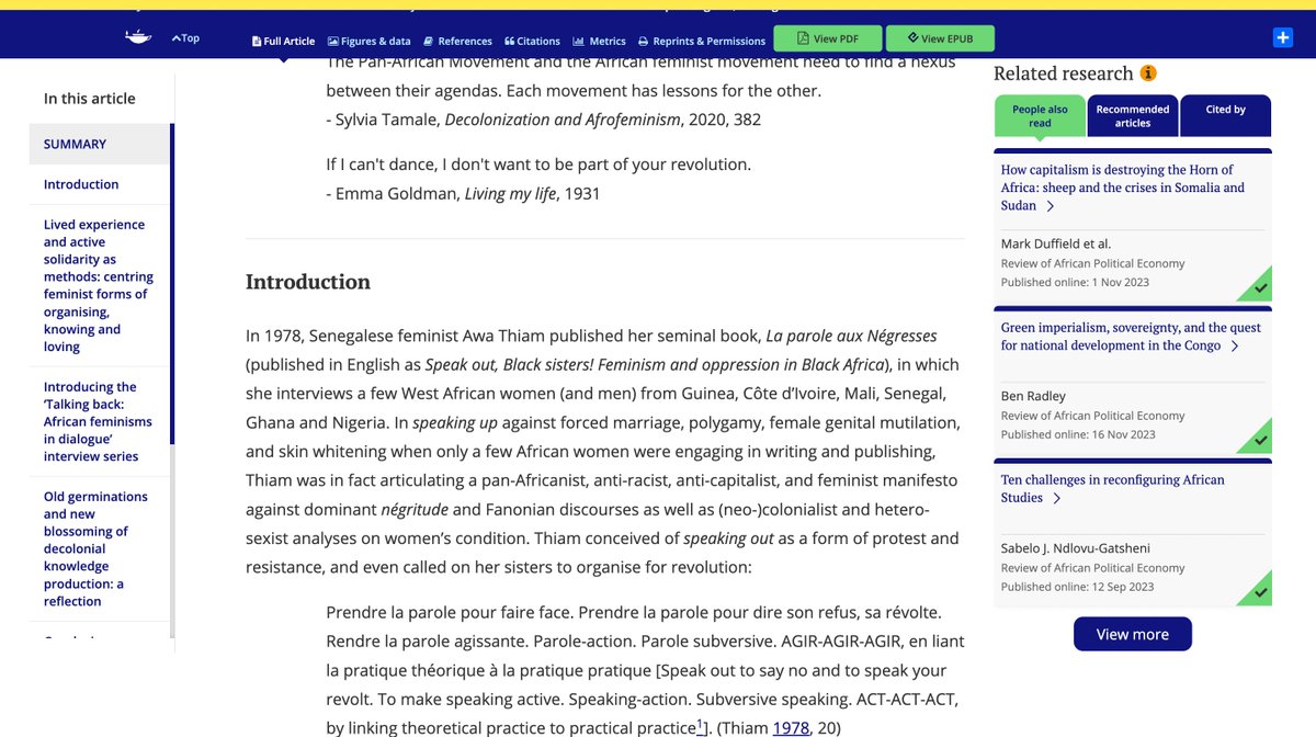 Heureuse de voir @saaraba_sn et @EDivergences rééditer #LaParoleAuxNégresses de l'anthropologue sénégalaise #AwaThiam. À cette occasion, je repartage cet article de 2023 publié /la Revue d'économie politique africaine @ROAPE ds lequel je cite #AwaThiam www-tandfonline-com.eux.idm.oclc.org/doi/full/10.10…