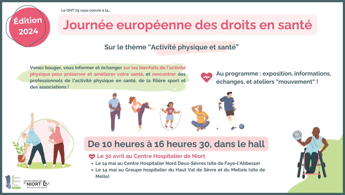 [ÉVÈNEMENT] À l'occasion des Journées européennes de vos droits en santé, venez bouger, vous informer et échanger sur les bénéfices de l'activité physique pour préserver votre santé : 📆 Mardi 30 avril 🕙 De 10h à 16h30 📍 dans le hall d'accueil du CH de #Niort #JEDS2024