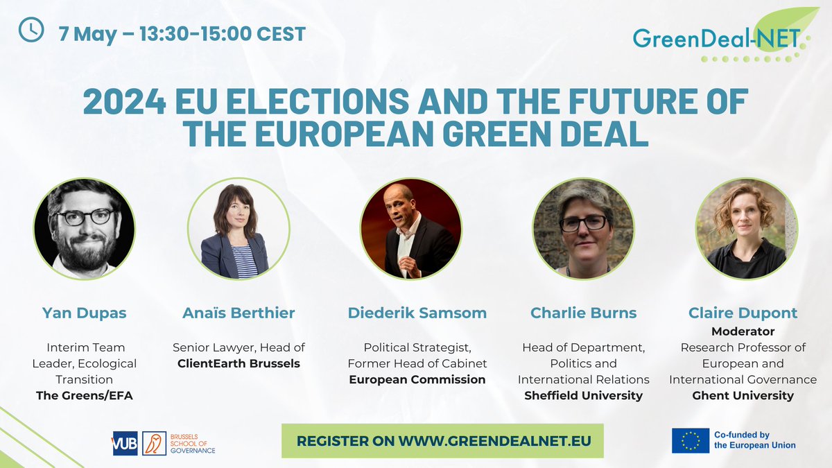 🗳️ How will the 2024 #EUElections shape the future of the European Green Deal? 
Join our roundtable with @YanDupas, <a href="/AnaisBerthierCE/">Anaïs Berthier</a>, <a href="/CharlieBEU/">Prof. Charlie Burns</a>, <a href="/diederiksamsom/">Diederik Samsom</a> &amp; @Cladupont to discuss the pivotal role of upcoming elections for EU's climate policies.

👉 greendealnet.eu/Roundtable1-EP…