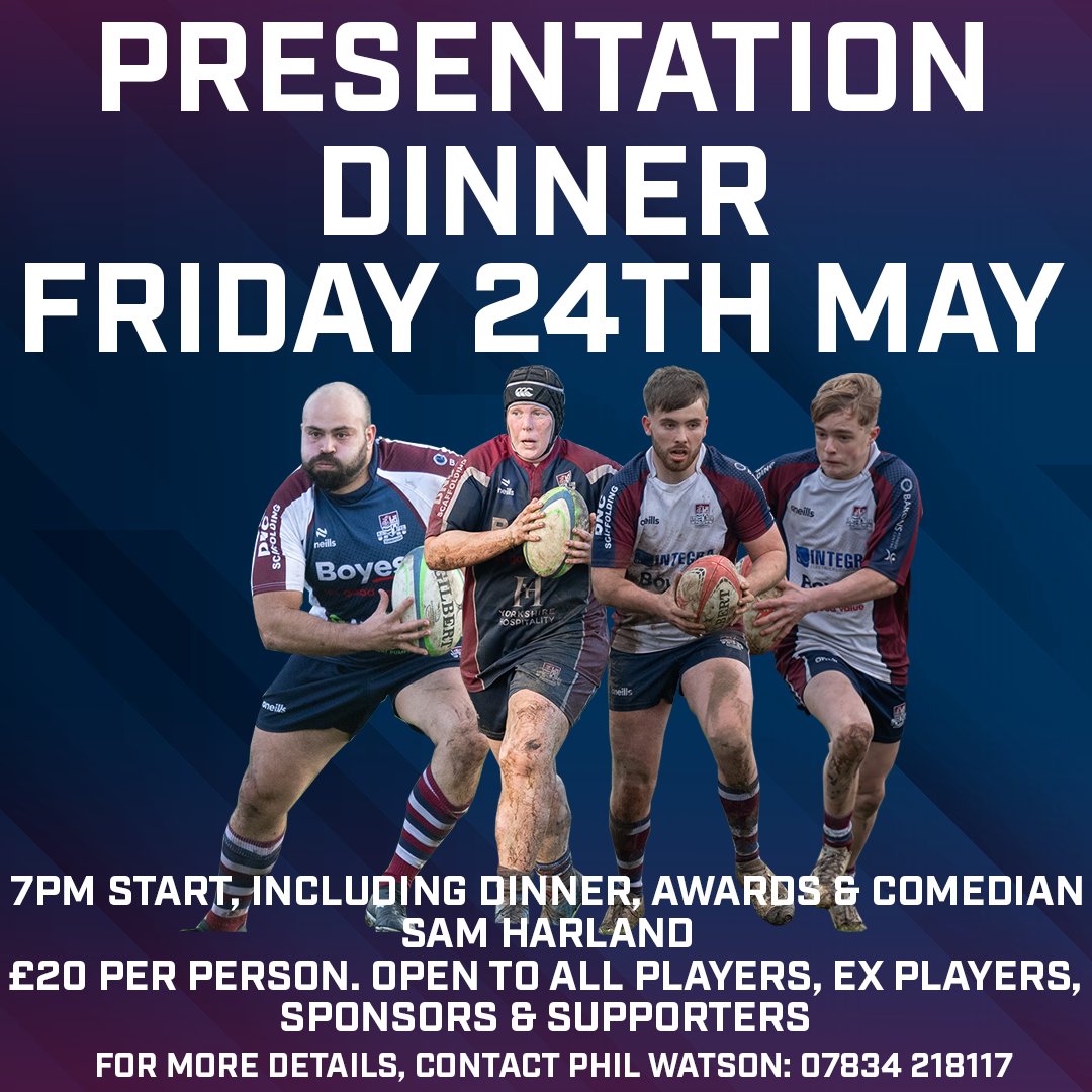 𝐉𝐨𝐢𝐧 𝐮𝐬 𝐟𝐨𝐫 𝐨𝐮𝐫 𝐏𝐫𝐞𝐬𝐞𝐧𝐭𝐚𝐭𝐢𝐨𝐧 𝐃𝐢𝐧𝐧𝐞𝐫 🏆 Join the senior teams at Silver Royd on Friday 24th May for our annual Presentation Dinner. For more information, contact Phil Watson on 07834 218117.