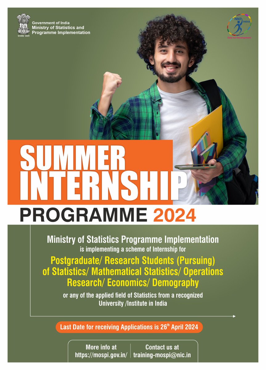 SUMMER INTERNSHIP PROGRAMME 2024. Hurry!! Send in your application by 26th April 2024. For more details, please visit mospi.gov.in. @EduMinOfIndia @NSSTA_Official @UnivofDelhi @JNU_official_50 @Uni_Mumbai @uniOFcalcutta