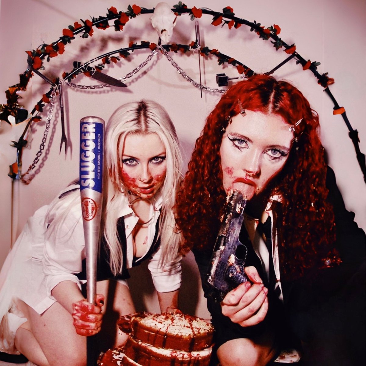 we’ve been DYING to share the artwork for “I WANT A DIVORCE (Before I Murder You)” & now it’s ALL YOURS🩸🔪 we had soo much fun shooting this with Caitlyn💋 thanku for letting us get stupidly messy & eat cake off guns xoxo PRE SAVE LINK IS IN OUR BIO so GET FUCKING AT IT!!! 🚨💥