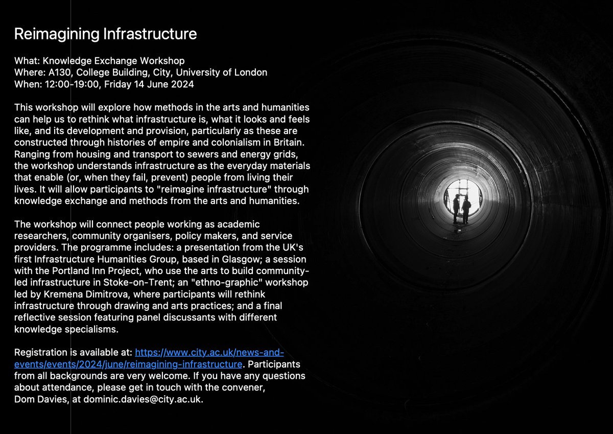 Knowledge Exchange Workshop: 
Reimagining Infrastructure

12:00 – 19:00, Friday 14 June 2024
<a href="/CityUniLondon/">Anna</a> 

All welcome, please do come along! Poster below, full programme &amp; registration at this link: city.ac.uk/news-and-event…