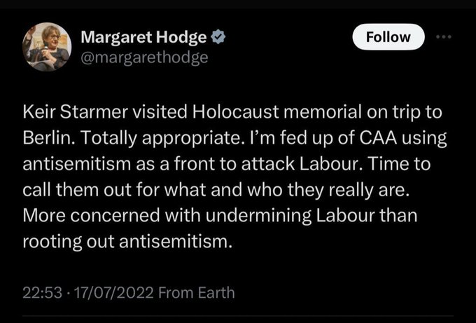 When Gideon Falter was smearing Jeremy Corbyn, Margaret Hodge was made an 'Honorary Patron' of his 'charity' CAA.

As soon as CAA turned on Starmer, she accused them of being 'More concerned with undermining Labour than rooting out antisemitism'.

Corbyn was right.

#ItWasAScam