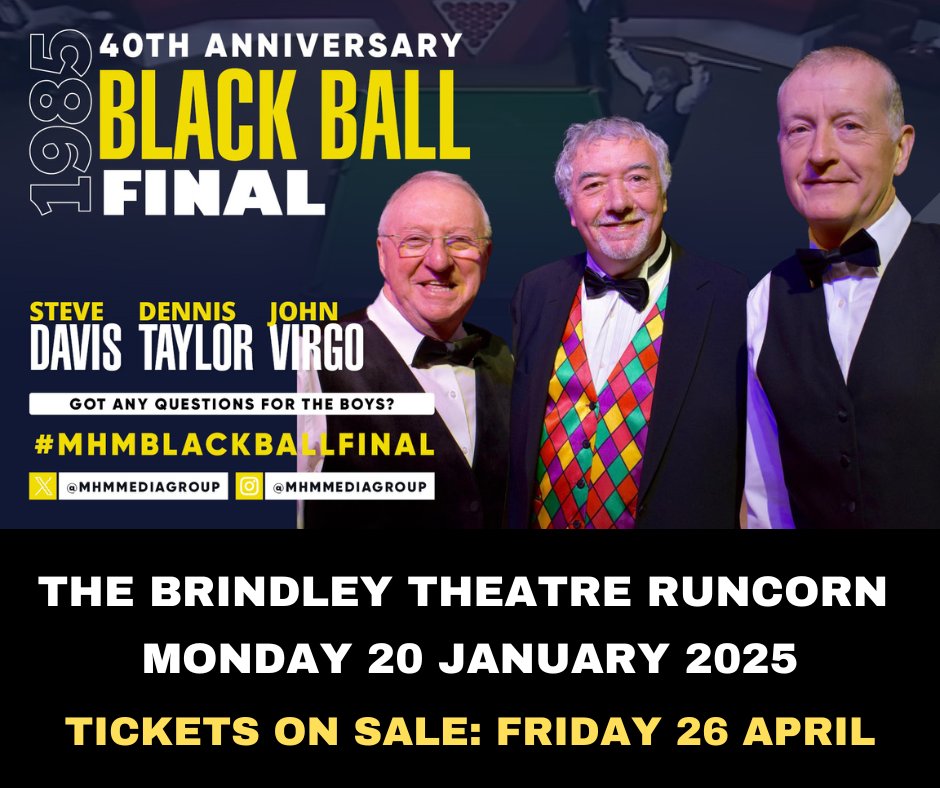 There is a treat for snooker fans when greats Steve Davis and Dennis Taylor come to the Brindley in January 2025 to recreate the 1985 World Championship Final, with host and referee John Virgo. Includes Q&A. Limited VIP Tickets available. On sale this Friday.