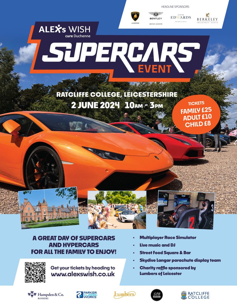 📣 Join us at Ratcliffe College on Sunday 2nd June for a day filled with engines, music, delicious bites, and entertainment. 🏎🎶 Secure your spot today, for @alexswish Supercars Event - grab your tickets now! 🎫 > eventbrite.co.uk/e/alexs-wish-s…