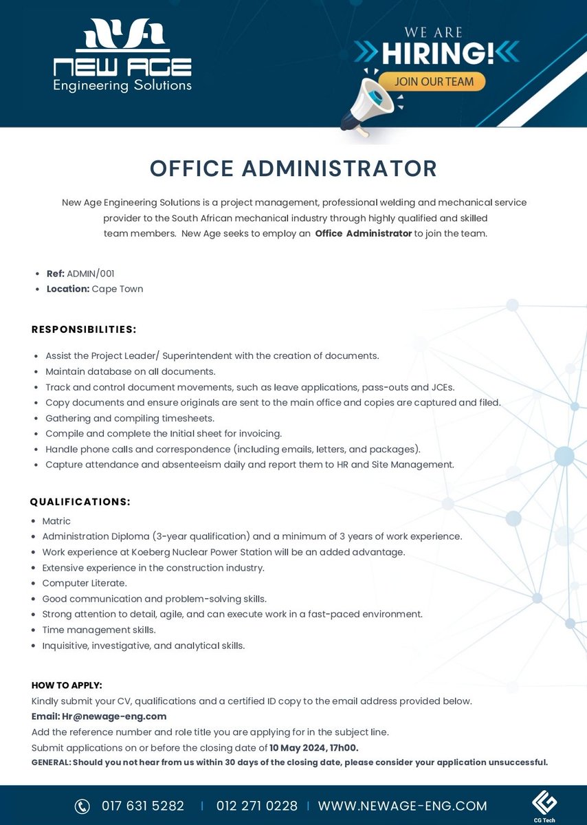 Office Administrator

Kindly submit your CV, qualifications and a certified ID copy to the email address provided below.

Email: Hr@newage-eng.com