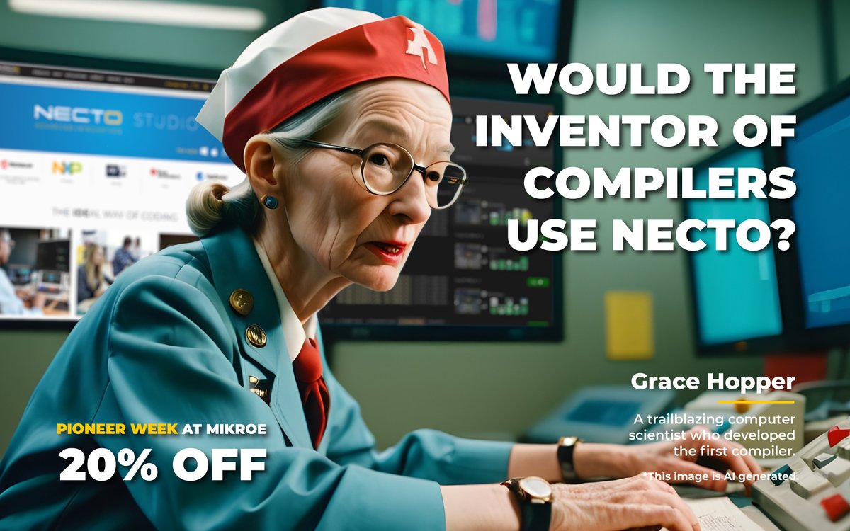 Our #PioneerWeekatMIKROE continues with a true visionary - Grace Hopper, the inventor of the first compiler! Imagine what this programming pioneer would think of our user-friendly NECTO Studio? 🤔 #GraceHopper #Compiler #NECTOStudio #MIKROE mikroe.com/blog/what-woul…