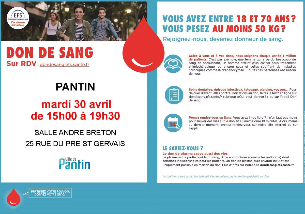 🩸 L'@EFS_dondesang a besoin de vous ! Une collecte de sang est organisée à #Pantin. Chaque don compte pour sauver des vies. 🗓 Mardi 30 avril de 15h à 19h30 📍 Salle André Breton, 25 rue du Pré-Saint-Gervais 📱 Pour prendre rendez-vous en ligne : dondesang.efs.sante.fr/trouver-une-co…