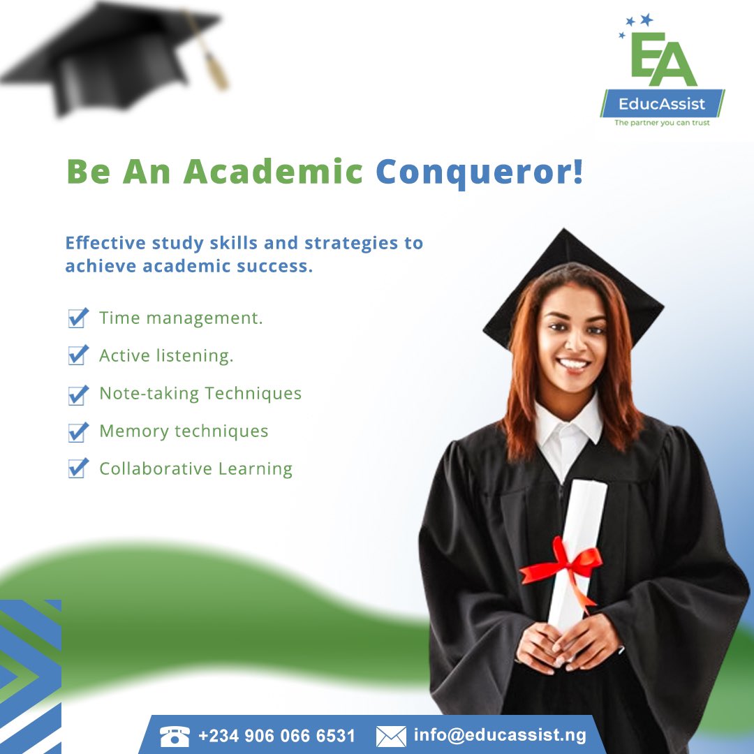Ace academics with time management, active listening, note-taking, memory techniques, and teamwork! 🎓✨ Maximize productivity, engage fully, organize effortlessly, remember with ease, and learn together!  

#StudyAbroad #EducAssistNG
#EducationalConsultancy
#GlobalEducation