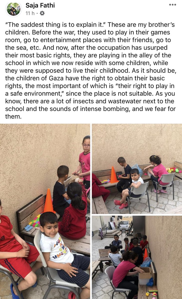 It’s always the children that my thoughts return to. In many ways, my family are the lucky ones - so many people in Gaza have fared a lot worse. But this is just not what childhood should look like: more recent updates by my sister on her social media.