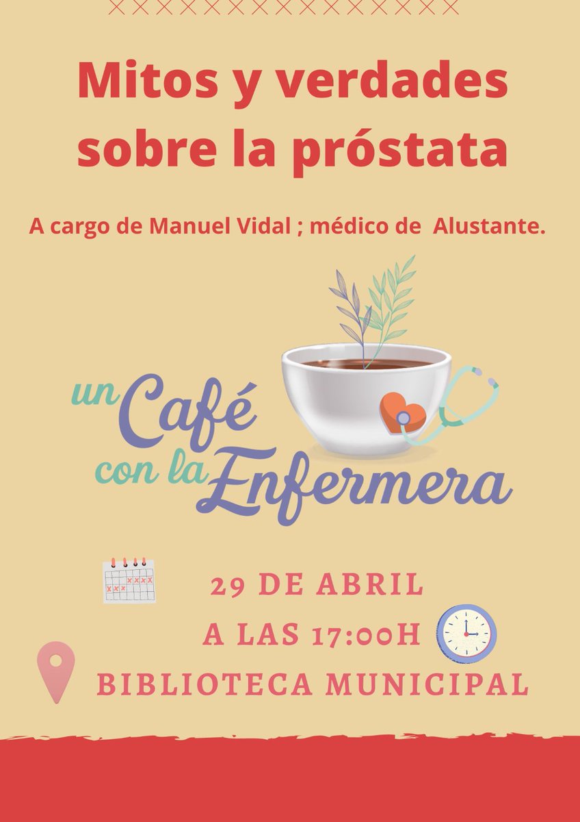 ☕El próximo lunes, 29 de abril, durante el #CaféconlaEnfermera se tratarán los mitos y verdades sobre la próstata. De la mano de Manuel Vidal, médico de Alustante. #checa #altotajo #españarural #españavaciada #sexualidad #actividadcultutal #accioncomunitaria