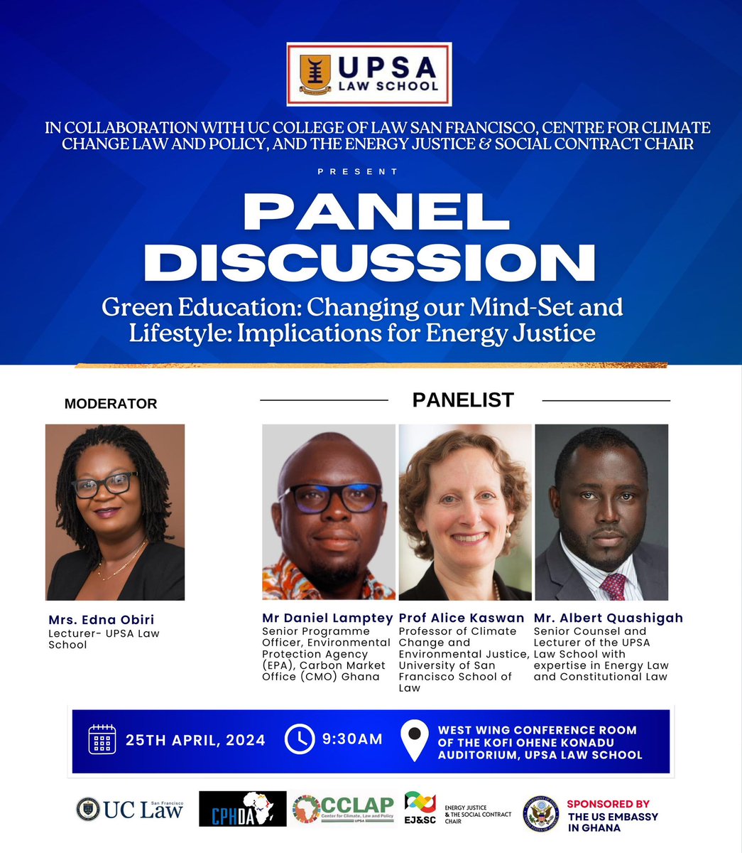 Join us at 9:30am for this insightful discussion geared towards promoting and protecting the quality of our environment.

More details on flier…

#UPSA #UPSALawSchool #Environment #EnvironmentalLaw #ClimateChange #Energy