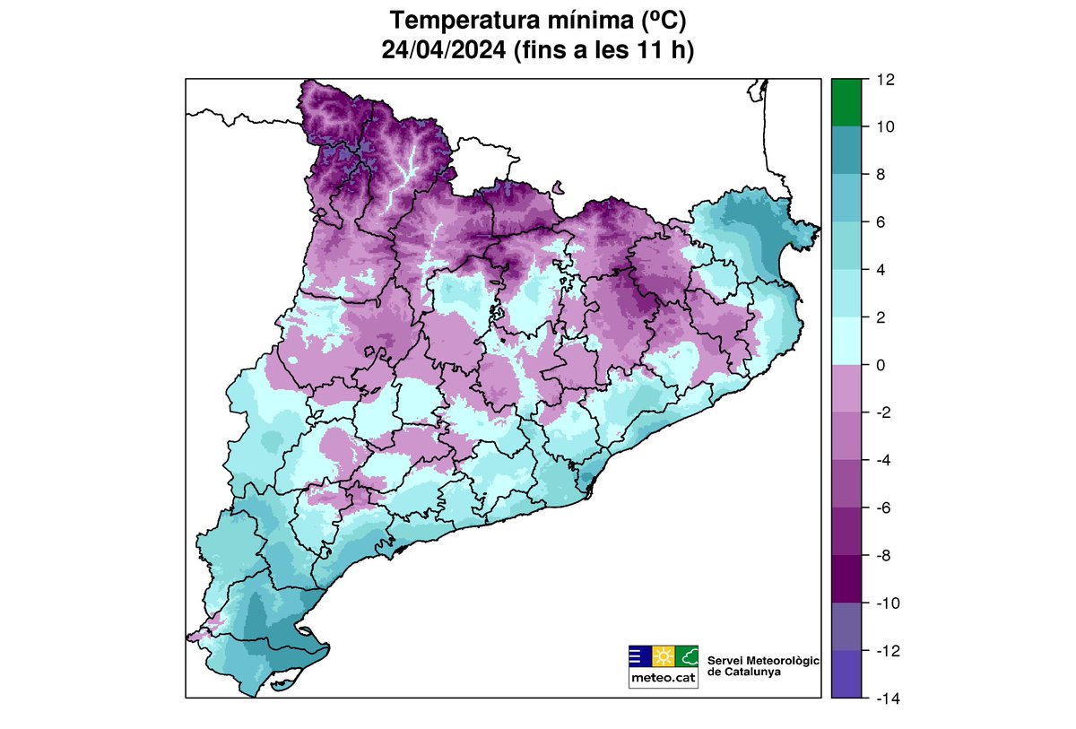 meteocat's tweet image. Avui ha tornat a glaçar extensament al nord de Catalunya, als indrets a recer del vent.

-1,5 ºC a Anglès (#laSelva), rècord d'abril dels seus 22 anys de dades (-1,3 ºC l'01/04/2018).

Ha estat l'únic rècord mensual registrat, ja que de l'1 al 5 d'abril de 2022 va fer més fred.
