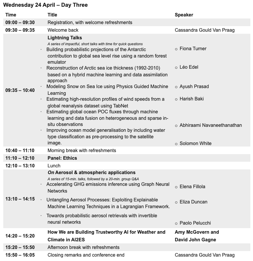 ☀️ We're back for Day 3 of #ClimateInformatics 2024, hosted by @turinginst! 🎙️ @cassgvp delivers the day's opening remarks. 👇 Today's agenda below!