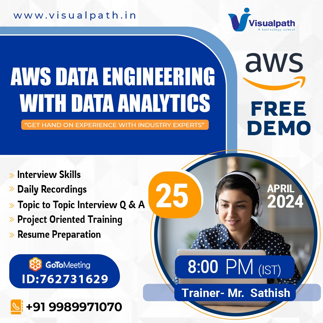 Join Now: meet.goto.com/762731629
Attend Online #FreeDemo on #AWSDataEngineering with #DataAnalytics by Mr. Sathish.
Demo on: 25th April, 2024@ 8:00 PM (IST).
Contact us: +91 9989971070
Visit: visualpath.in/aws-data-engin…
#aws #S3 #Hadoop  #Scala #BigData #MySQL #java #database #spark