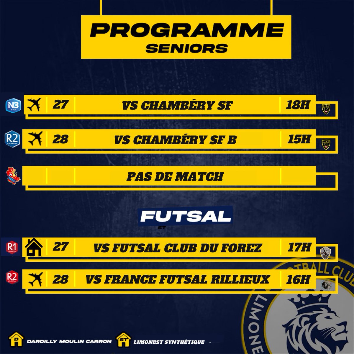 FCLDSD_Officiel's tweet photo. 𝐏𝐫𝐨𝐠𝐫𝐚𝐦𝐦𝐞 𝐝𝐮 𝐰𝐞𝐞𝐤-𝐞𝐧𝐝 🟡🔵
Découvrez les matchs des équipes du FCLDSD pour le week-end des 27 et 28 avril 2024. 📆
Programme détaillé : https://t.co/io2BaMCTYz
#fcldsd #progoftheweek https://t.co/prYPnpY1KR
