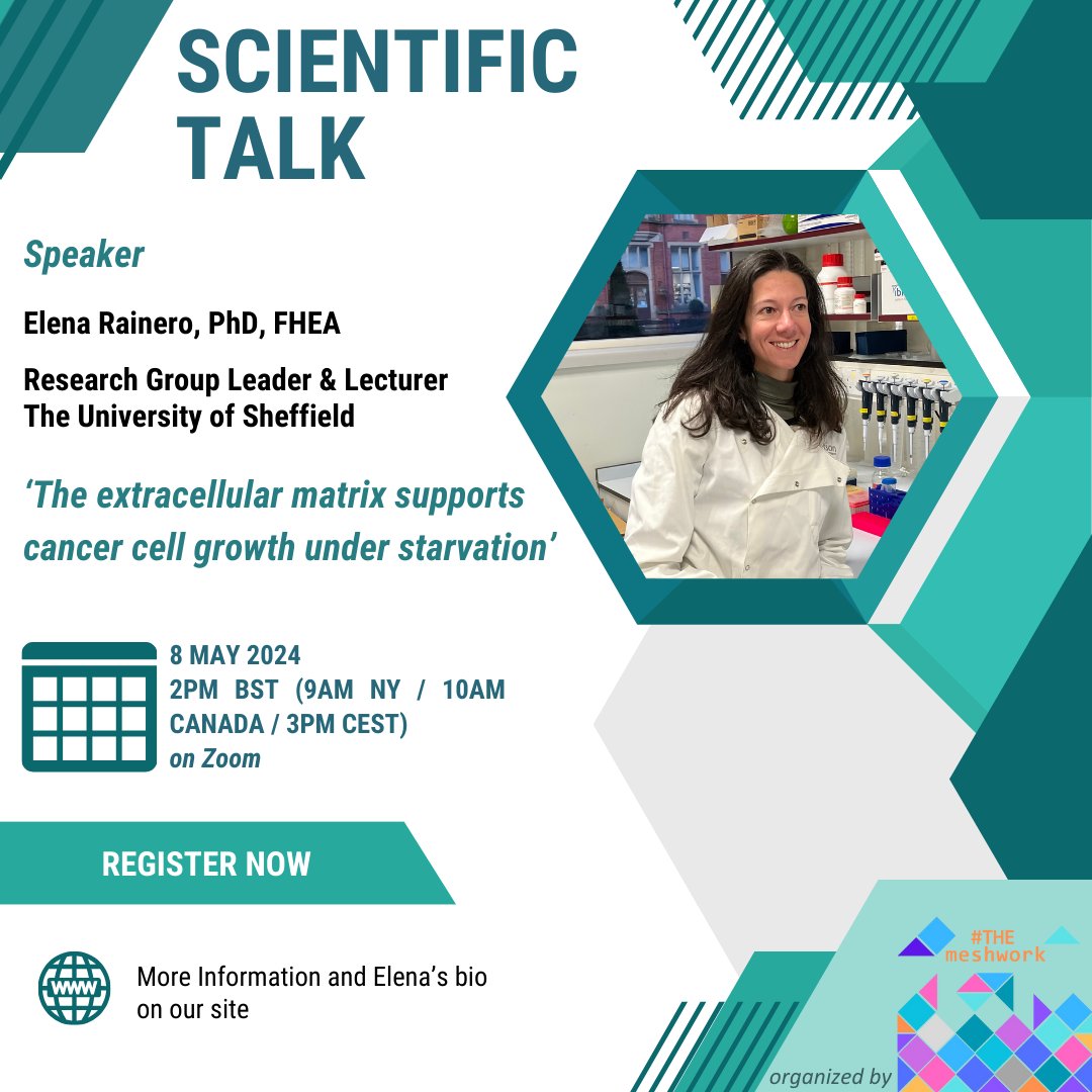 Spread the word! Our first scientific event ft. @ERainero_lab is here! May 8, save the date! To register click here: forms.gle/PShaY99H8v8efa… For more info follow the link: themeshwork2020.wixsite.com/info/up-coming… @IntSocMatBio @BSMB1 @Matrixbiologie