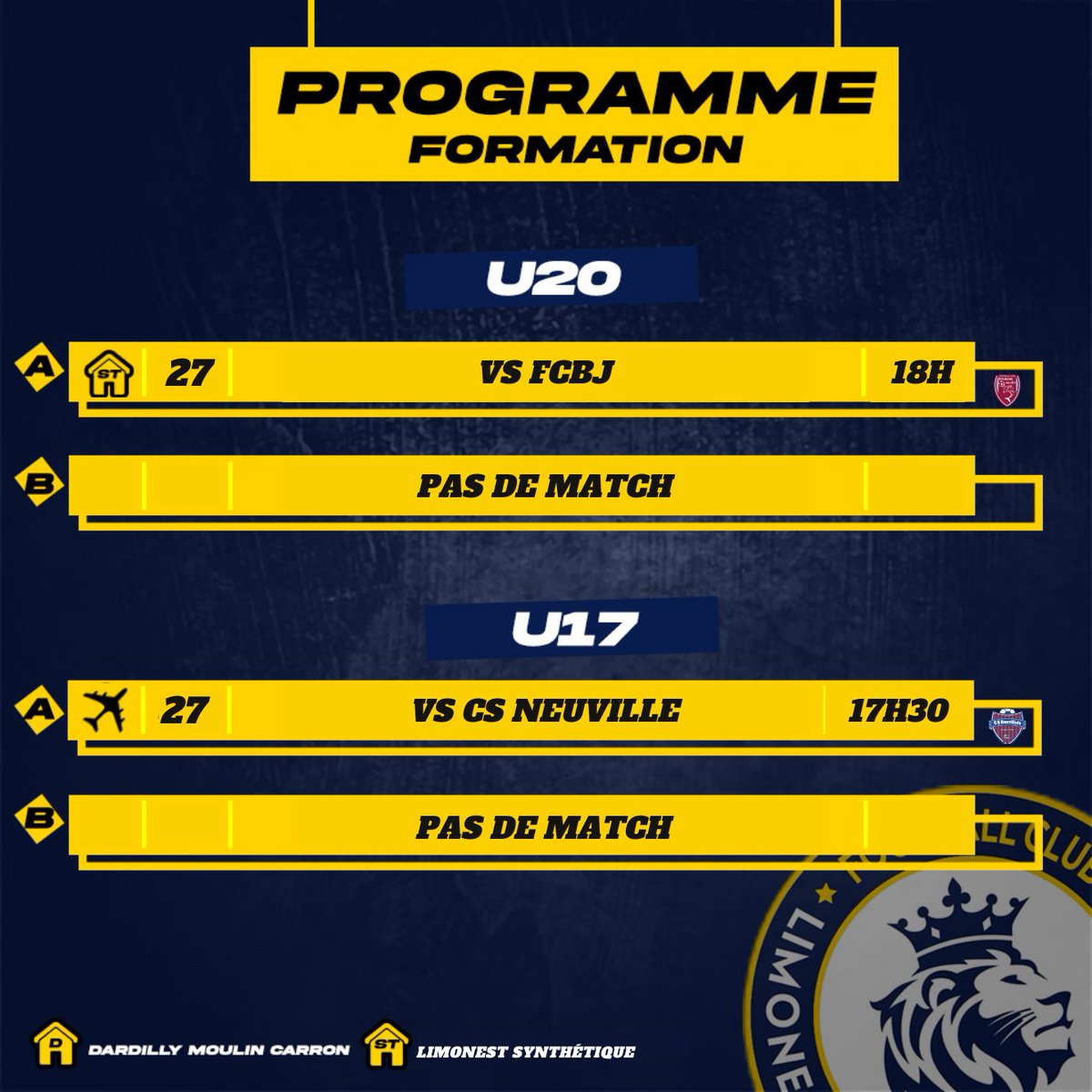 FCLDSD_Officiel's tweet photo. 𝐏𝐫𝐨𝐠𝐫𝐚𝐦𝐦𝐞 𝐝𝐮 𝐰𝐞𝐞𝐤-𝐞𝐧𝐝 🟡🔵
Découvrez les matchs des équipes du FCLDSD pour le week-end des 27 et 28 avril 2024. 📆
Programme détaillé : https://t.co/io2BaMCTYz
#fcldsd #progoftheweek https://t.co/prYPnpY1KR