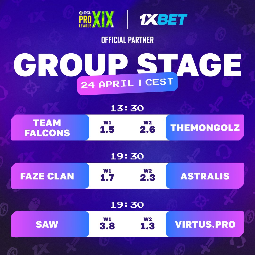 Don't miss out! #ESLProLeague matchups in today's Group Stage 🔥 Enjoy an exciting games with high odds from @1xBet_Esports → cropped.link/epls19