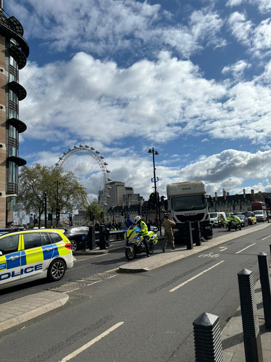 Rather large horsebox directed out of Westminster with at least two horses inside with a significant police presence