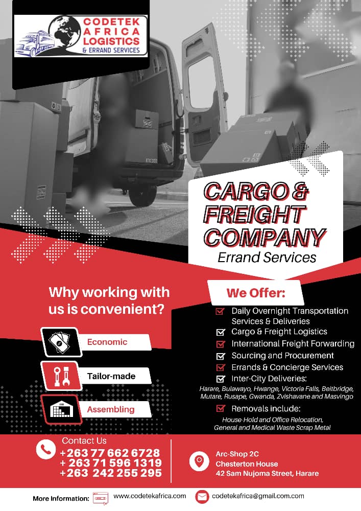 CodetekS's tweet photo. For all your shipments/goods going Harare- Bulawayo and Mutare routes Codetek Africa is now providing Intercity transportation and deliveries ,we are  plying those routes and in between small towns. Send your parcel with us at  affordable rates. Your destination is our concern. https://t.co/F1S5djx9cu
