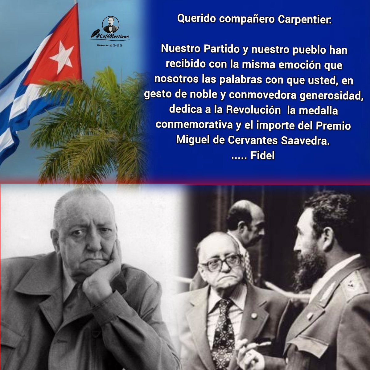 Buenos días 🇨🇺 #CaféMartiano 24/4/1980 fallece Alejo Carpentier ✍️'Es preciso que el talento fructifique, y esparza sus frutos por el mundo'. En homenaje a un excepcional escritor cubano padre de 'lo real maravilloso' y músico de la palabra. #CubaViveEnSuHistoria