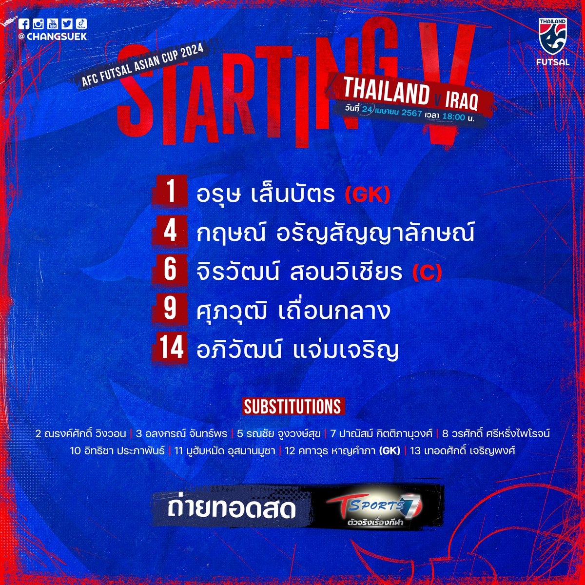 #StartingV รายชื่อ 5 ตัวจริงของทัพโต๊ะเล็กช้างศึก ในการแข่งขัน #ACFutsal2024 รอบ 8 ทีมสุดท้าย

🇹🇭 ทีมชาติไทย พบ ทีมชาติอิรัก 🇮🇶

🗓 วันพุธที่ 24 เมษายน 2567
🕖 เวลา 18.00 น.
🏟 อินดอร์ สเตเดียม หัวหมาก
📺 ถ่ายทอดสดทาง T Sports 7

#เชียร์ไทยไปฟุตซอลโลก #ฟุตซอลทีมชาติไทย