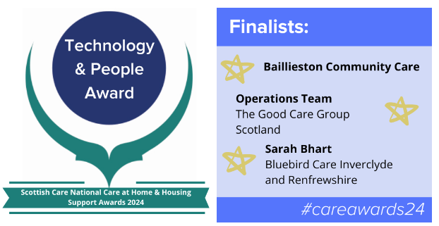 We are absolutely delighted to announce that we have once again made the finals of the @scottishcare Care at Home & Housing Support Awards 2024. This time in the 'Technology & People' category. This achievement underscores our commitment to leveraging technology to improve the