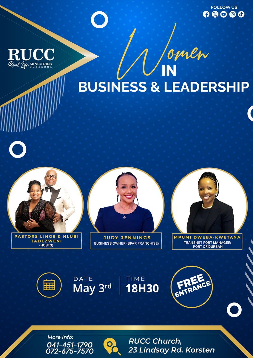 Join us for a Women in Business and Leadership evening with; Judy Jennings - A seasoned businesswoman & Mpumi Dweba-Kwetana - Transnet Port Manager, Durban.
No registration required for this session! Fri, May 3rd, 6:30 PM. Don't miss out! See you there!
#WomenInBusiness