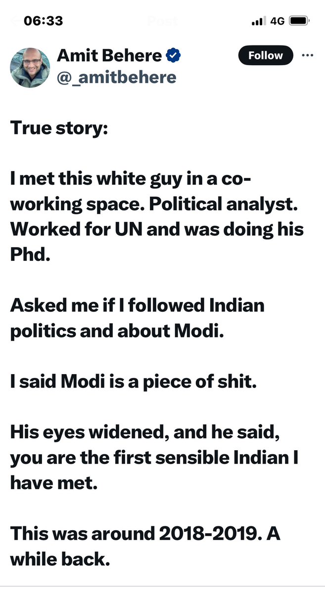 A Congress supporter is so impressed with himself because a white man, yes *white* man told him you’re the first sensible Indian I’ve met! 😂