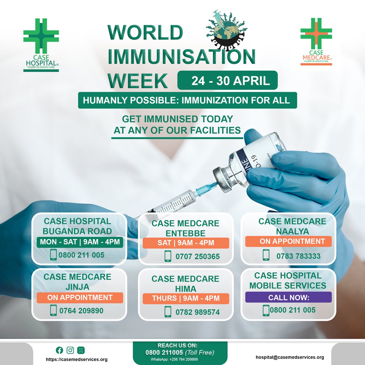 Are you aware that vaccines prevent 4 million childhood deaths annually? Immunization unquestionably saves lives. Don't hesitate; visit or call any of our facilities today to get vaccinated.

#WorldImmunisationWeek