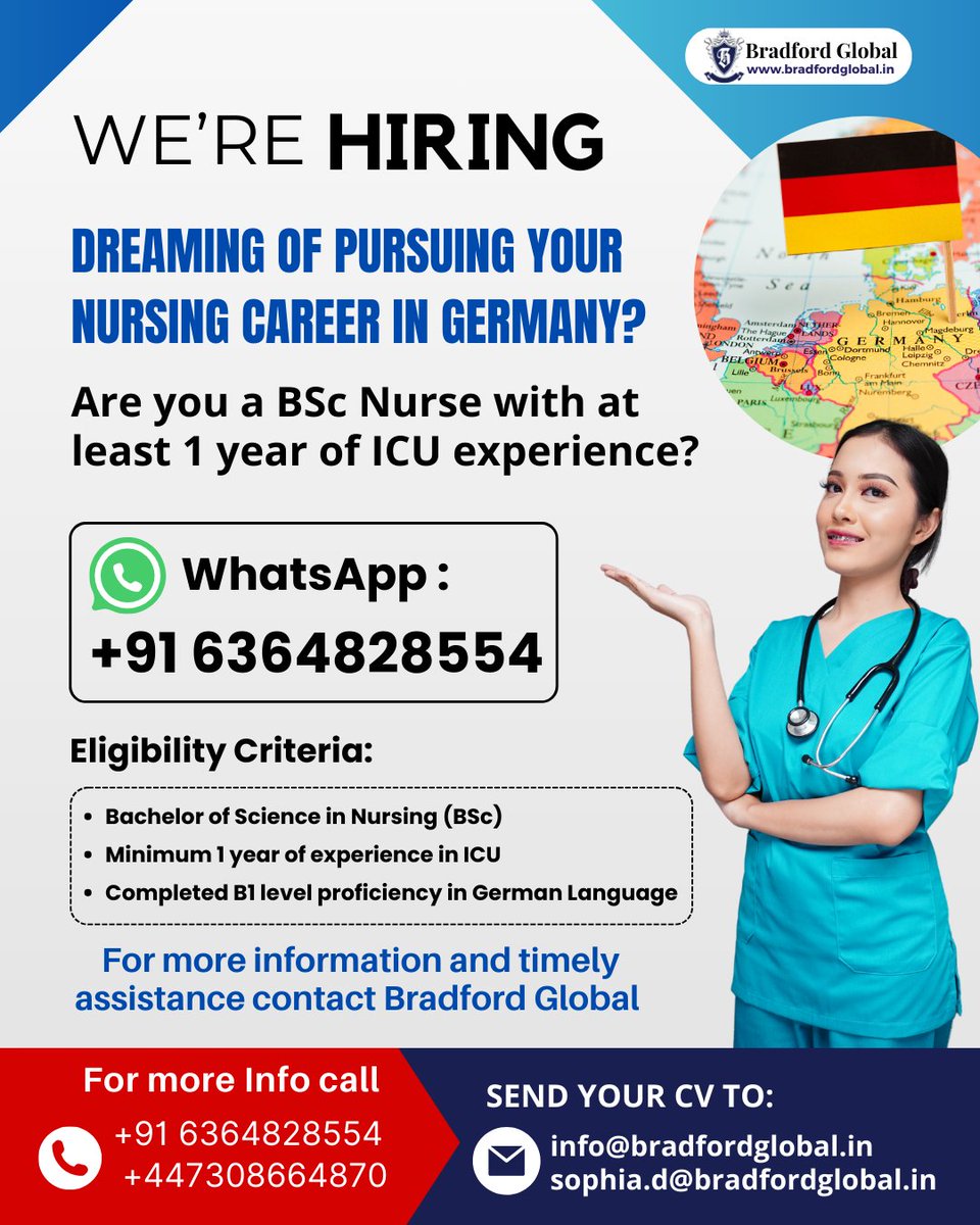 Exciting Opportunity Alert! Are you a BSc Nurse with at least 1 year of ICU experience? Dreaming of pursuing your nursing career in Germany? Here's your chance!
#NursingCareer #GermanyOpportunity #ICUNurse #BradfordGlobalNurses #NursingOpportunities #InternationalNursing