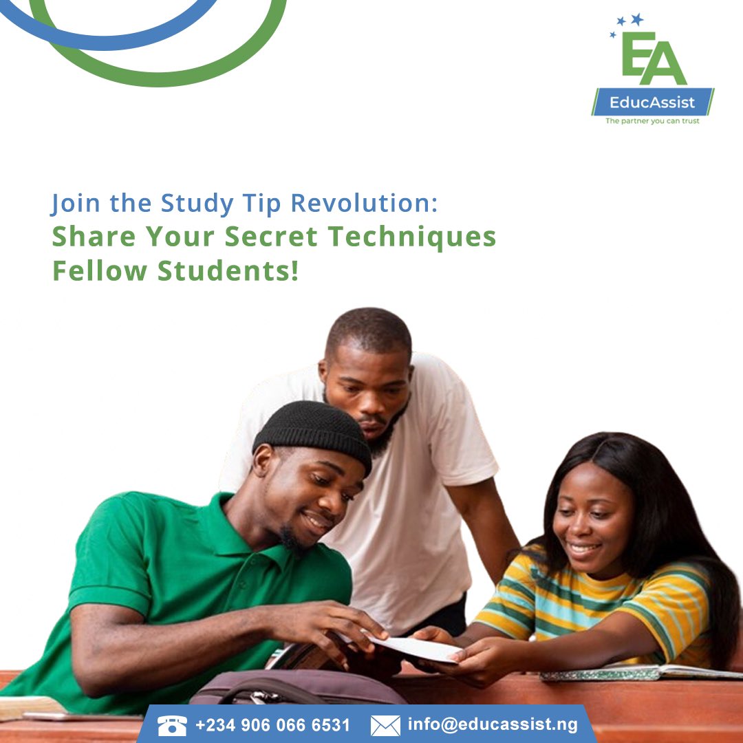 Join the Study Tip Revolution! 📚🌟 Share your most effective study strategies and support fellow students on our educational journey! Let's conquer academics together! 🤝💪 

#StudyAbroad #EducAssistNG
#EducationalConsultancy
#GlobalEducation