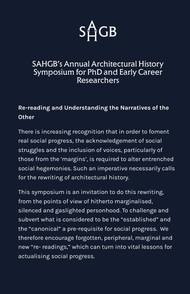 Reminder: SAHGB’s Annual Architectural History Symposium for PhD and Early Career Researchers Deadline for Submissions: 10 May 2024 Please share with your networks.
