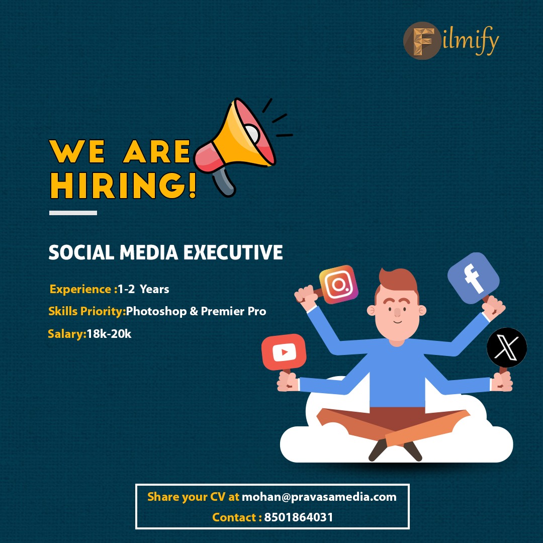 We Are Hiring a Social Media Executive

#hiring #HiringNow #jobsearch #Filmify #FilmifyTelugu #FilmifyEnglish