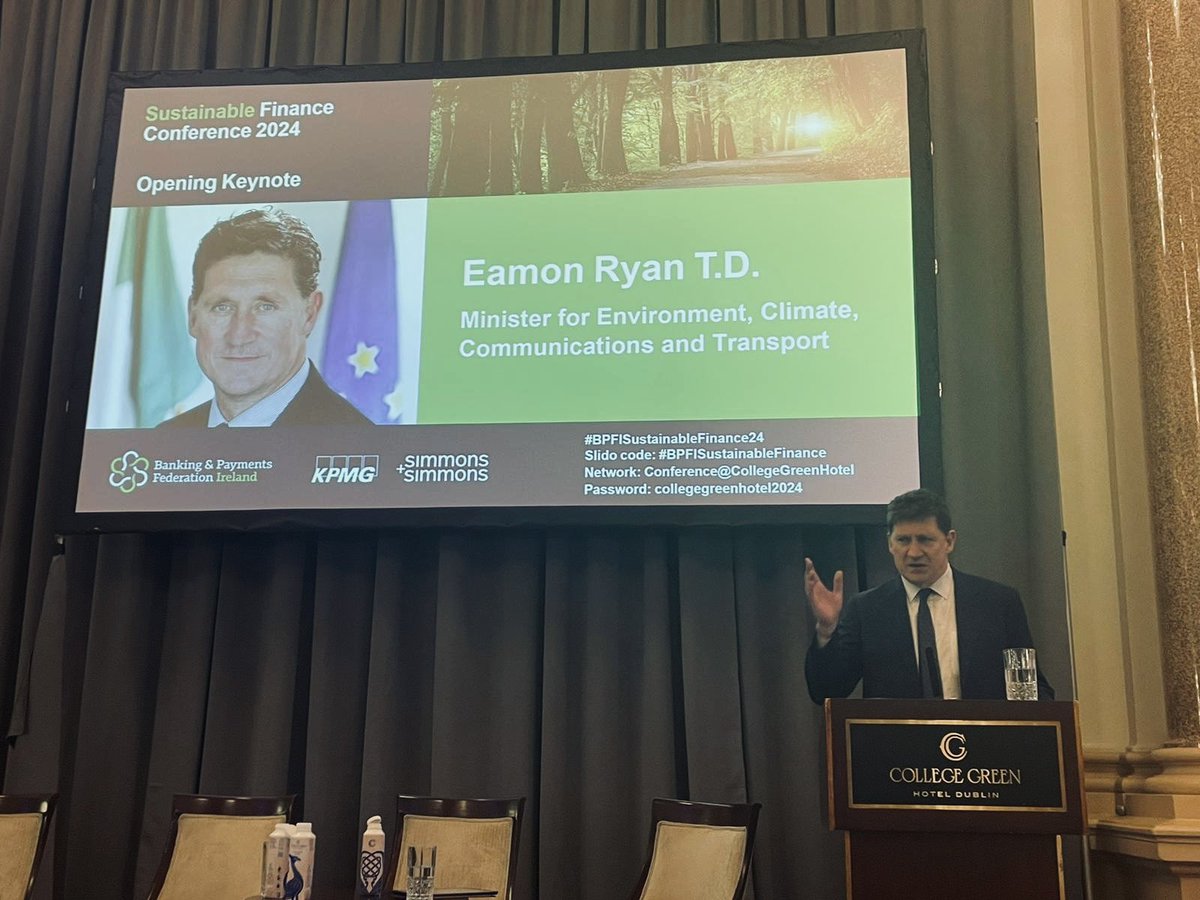 Eamon Ryan TD, Minister for Environment, Climate, Communications and Transport says “The future is renewables, it’s cheaper and ubiquitous” as he delivers his keynote address at the BPFI Sustainable Finance Conference. #BPFISustainable24