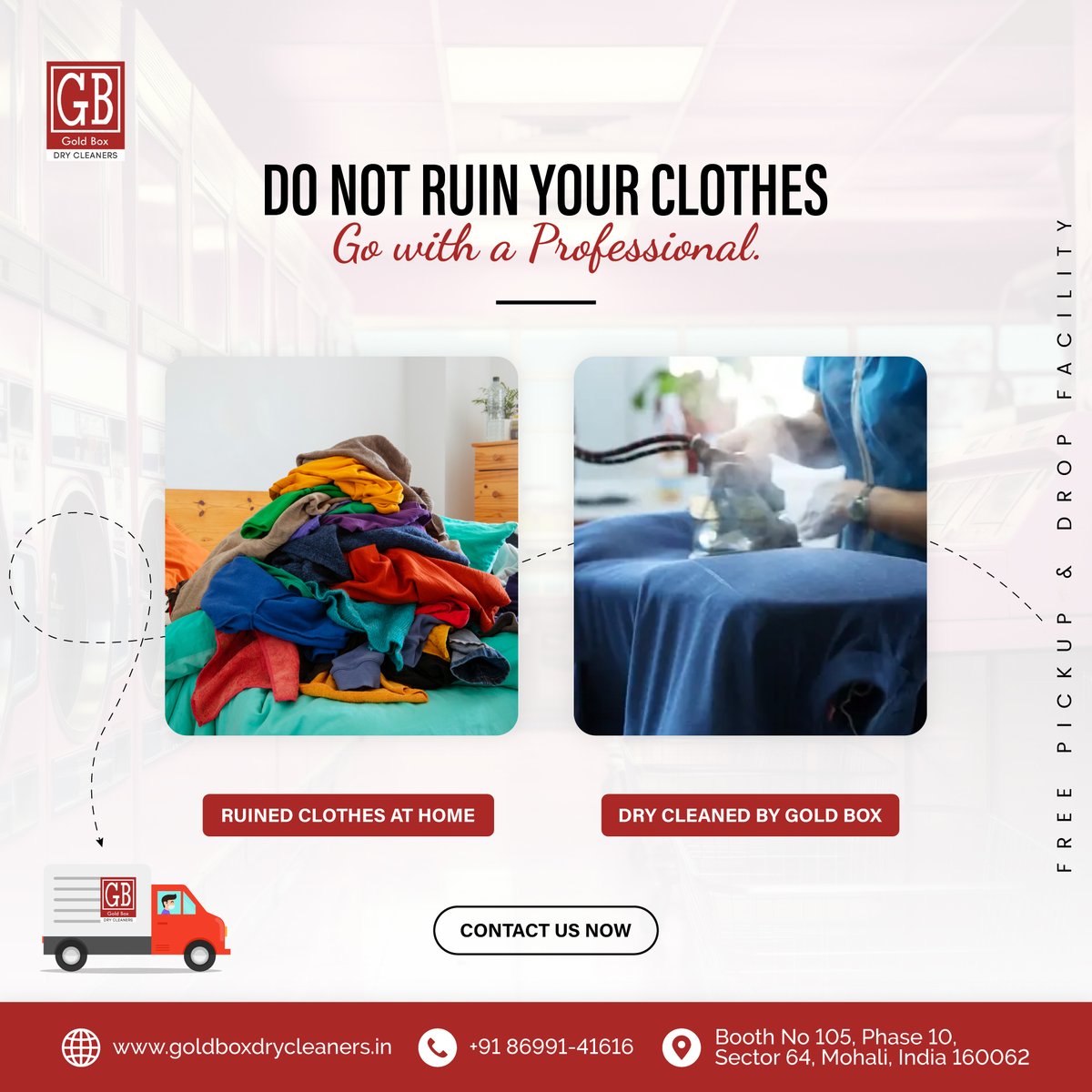 Don't ruin your clothes... 🚫👔
Go with a professional! ✨🧺

Call us at☎️ 8699141616 or Visit at 📍 goldboxdrycleaners.in
#GoldBoxLuxuryCare #BusinessImageUpgrade #CommercialDryCleaning #ProfessionalCleaningServices #DryCleaningExperts #QualityService #PickupAndDelivery