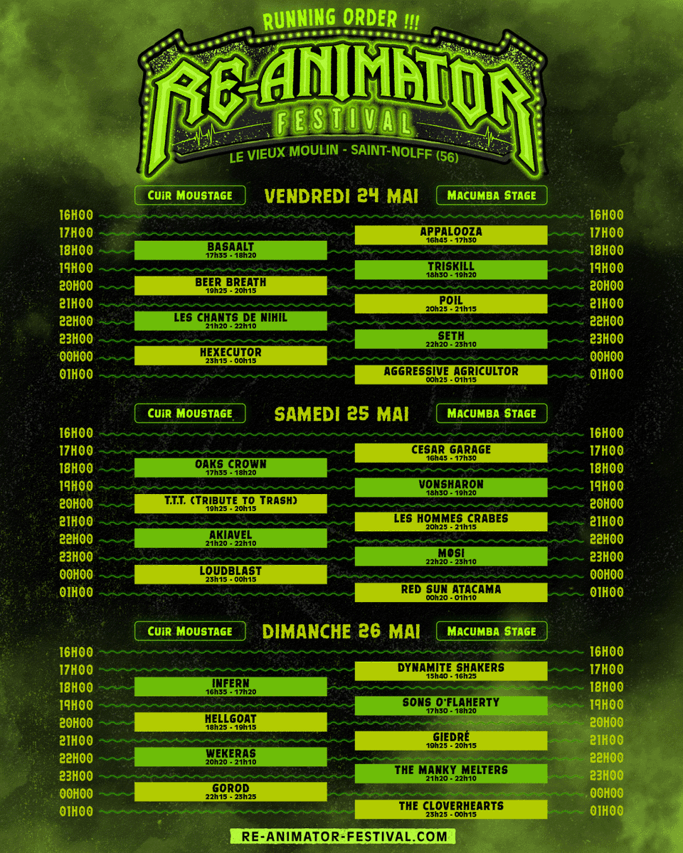 RUNNING ORDER @ReAnimator_56 2 scènes - 3 jours - 27 groupes de folie ! Découvrez l’heure de passage de vos groupes préférés et commencez à organiser votre week-end ! Il reste des pass dispos : reanimator.seetickets.com/tour/re-animat… Alors, vous allez voir qui ? #reanimatorfestival