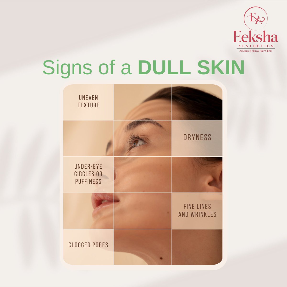 Here are the top signs of a dull skin. Are you experiencing any of these? Book your free skin test today.
To book an appointment, call us on 901499177.

#dullskin #skincare #eekshaaesthetics #skintreatment #skincaretips #skincarelover #skinboosters #skincare #healthyskin