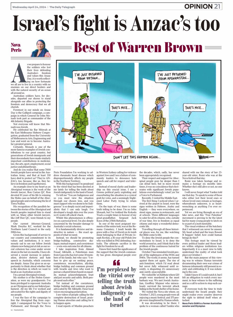 'Israel's fight is #Anzac's too', writes Australian Aboriginal leader @NovaPeris, in this powerful op-ed for the Daily Telegraph, adding she is 'perplexed by the vitriol that has been directed at me lately for telling the truth about Jewish indigineity to the land of #Israel.'