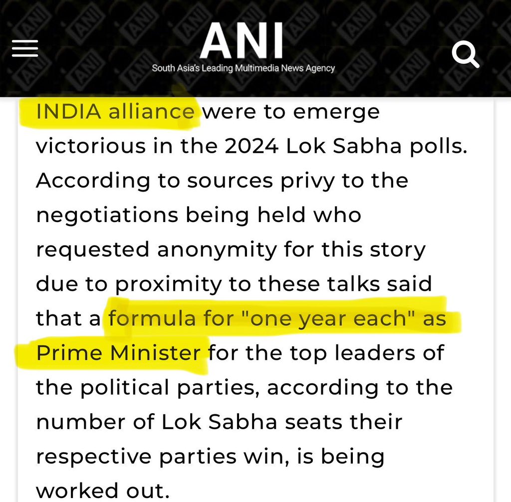 Now, it's revealed that the INDI alliance is planning to share the PM seat among themselves, each serving for one year. Will this ever work? India can never develop with the leadership changing every few months. They just want to enjoy power for a year each; they have no