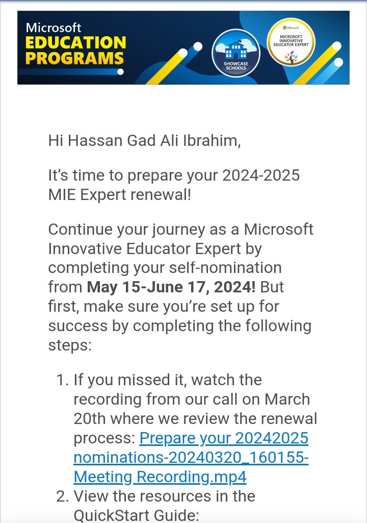 بدأ إرسال الرسائل للإستعداد للتجديد على لقب معلم مايكروسوفت مبدع خبير  MIE Expert 2024 - 2025 بالتوفيق للجميع
#MicrosoftEdu
#MIEExpert
#AlAzhar_AlSharif
#egyption_miee