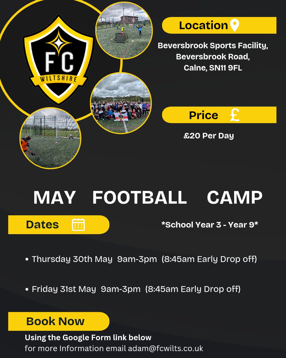 May Half-Term Holiday Dates. After a successful Easter Football Camp we are now looking to have two more fun football days in May. To book please use the google form link below or if you have any questions please contact Adam. forms.gle/qCH2ZWgNg6DQKu…