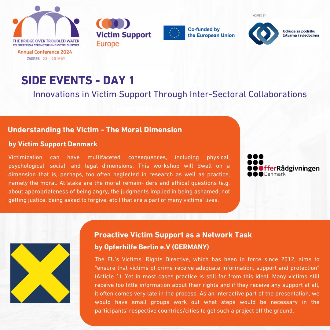 Introducing #VSEAC2024 day 1 side events! Register now: 2024.vse-conference.eu/registration/ Learn more: 2024.vse-conference.eu #VictimSupportEU @NPC_116006 @Slachtofferhulp @SanteBelgique @VictimSupport @ValidityNGO @sexworkeurope @offer_danmark