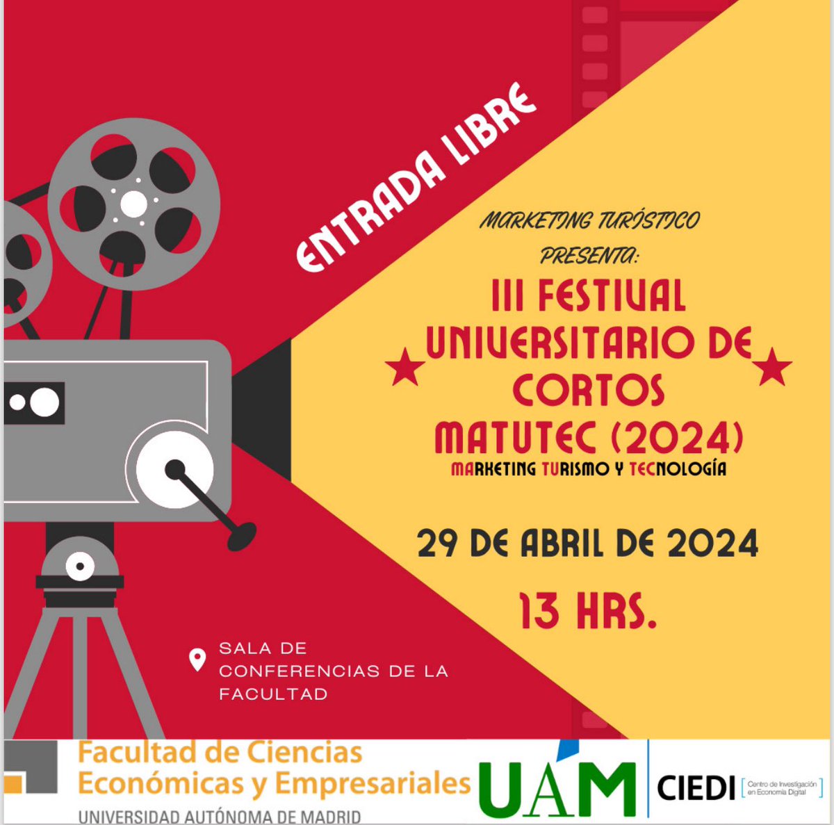El próximo lunes 29 de abril de 2024, se llevará a cabo la tercera edición del Festival Universitario de Cortos (MATUTEC). La entrada es libre, ¡no te lo pierdas! @UAM_Economicas #uameconomicas #SomosUAM #marketingturistico #marketing